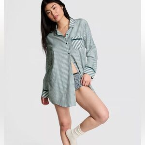 😴 PINK Festive Flannel Velvet Trim Sleepshirt in Deep Forest Stripes 😴